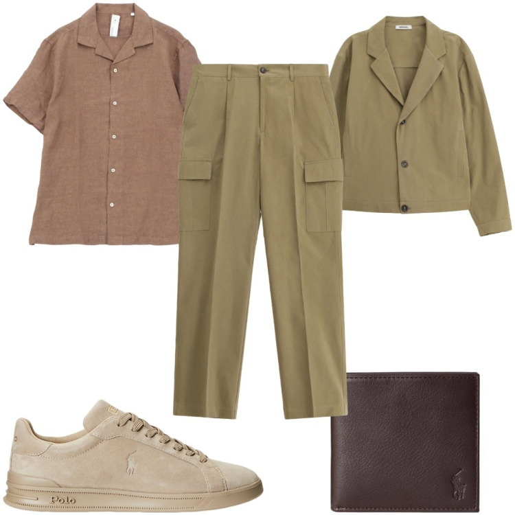 Outfit uomo - Total look #2343302. Stile Casual per Tutti i giorni. Abbinamento con pantaloni cargo, giacche, camicie a manica corta, sneakers, portafogli.