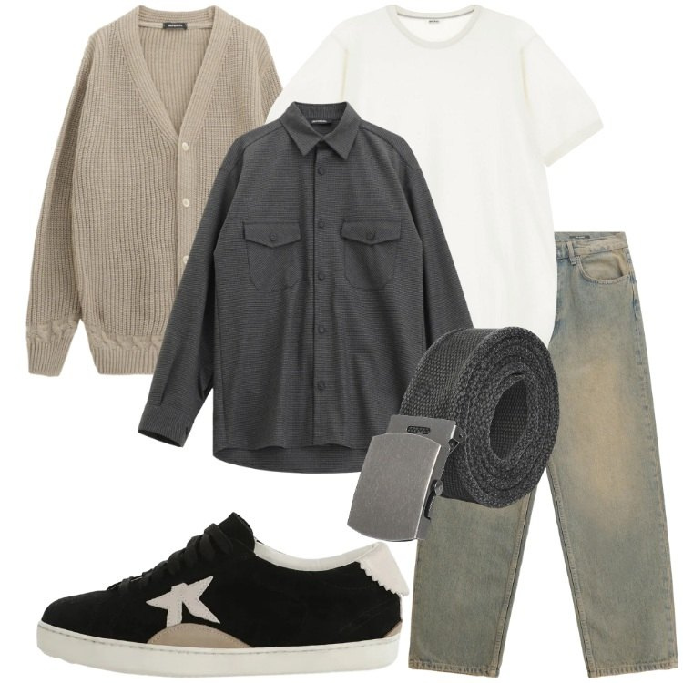 Outfit uomo - Verso la nuova stagione. Stile Urban per Tutti i giorni. Abbinamento con jeans, cardigans, camicie, sneakers, t-shirt, cinture.