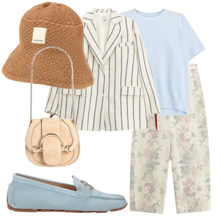 Outfit donna - Primavera a righe e fiori. Stile Casual chic per Tutti i giorni. Abbinamento con marsupi, mocassini, cappelli, t-shirt, pantaloni a palazzo, blazer.