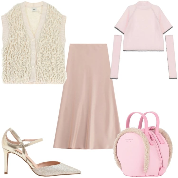 Outfit donna - Febbraio in tonalità soft : in rosa. Stile Romantica per Tutti i giorni. Abbinamento con zaini, décolleté, gonne lunghe, maglieria, maglieria.