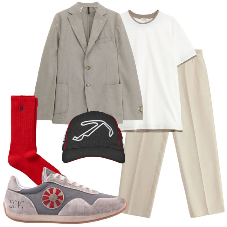 Outfit uomo - Toni beige con tocco di rosso.. Stile Casual per Tutti i giorni. Abbinamento con giacche, t-shirt, pantaloni, cappelli con visiera, calzini, sneakers.