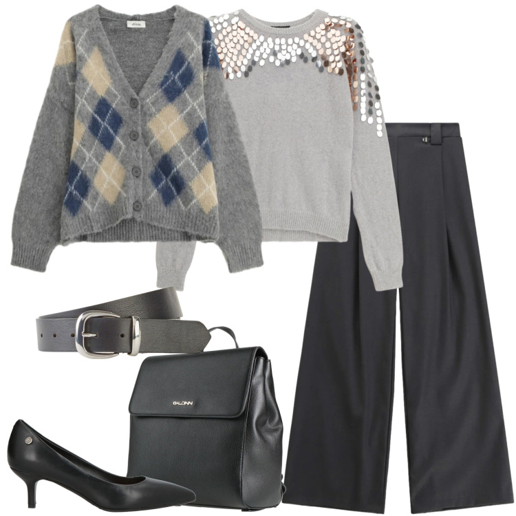 Outfit donna - Un cardigan a febbraio. Stile Casual chic per Ufficio. Abbinamento con zaini, décolleté, cinture, cardigans, pantaloni a palazzo, pullovers.