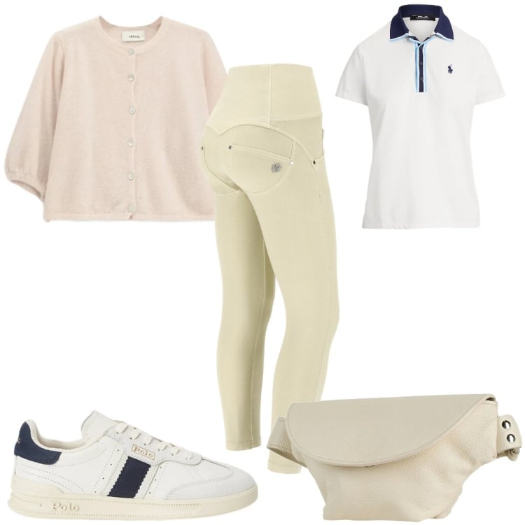 Outfit donna - Febbraio in tonalità soft : bianco e nud. Stile Basic per Sport. Abbinamento con marsupi, polo, sneakers, cardigans, pantaloni skinny.