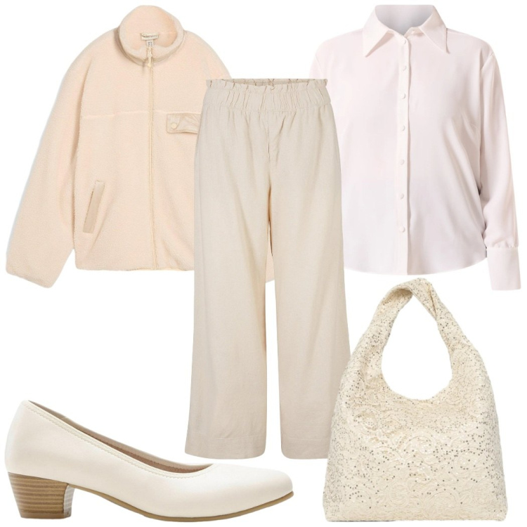 Outfit donna - Febbraio in tonalità soft : casual chic. Stile Casual chic per Tutti i giorni. Abbinamento con pantaloni culotte, caban, décolleté, borse a spalla, camicie.