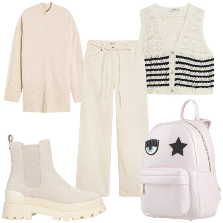 Outfit donna - Febbraio in tonalità soft : rosa cipria. Stile 70s per Tutti i giorni. Abbinamento con stivaletti chelsea, zaini, pantaloni, maglieria, maglieria.