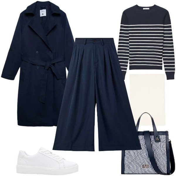 Outfit donna - Primavera in Bianco e Blu. Stile Basic per Tutti i giorni. Abbinamento con sneakers, sciarpe, pantaloni, trench, maglieria, shopping bag.