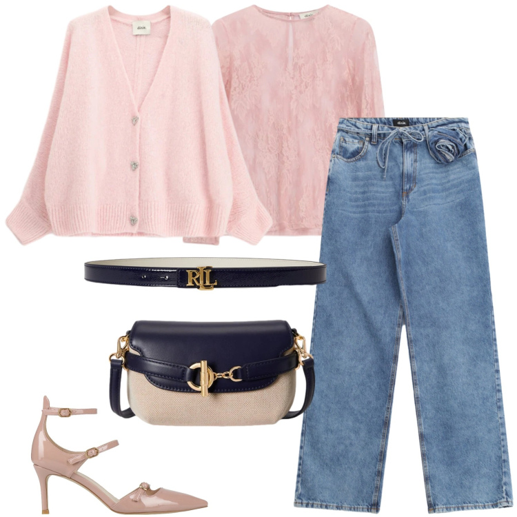 Outfit donna - Total look #2343322. Stile Romantica per Ufficio. Abbinamento con décolleté, top, cardigans, jeans, borse a tracolla, cinture.