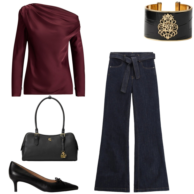 Outfit donna - Total look #2343323. Stile Chic per Serata fuori. Abbinamento con jeans a zampa, braccialetti, borse a mano, décolleté, bluse.