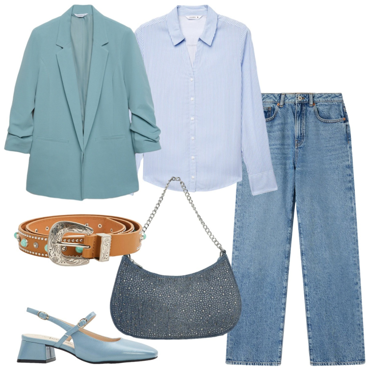 Outfit donna - Terranova total look. Stile Mannish per Ufficio. Abbinamento con décolleté, blazer, jeans dritti, camicie, borse a tracolla, cinture.