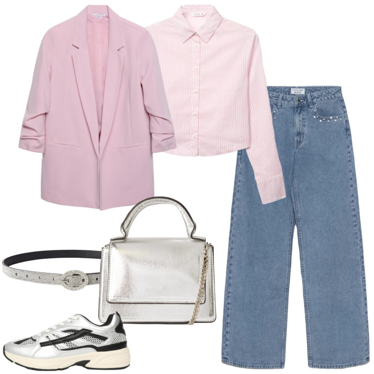 Outfit donna - Terranova total look. Stile Mannish per Ufficio. Abbinamento con blazer, cinture, camicie, sneakers, jeans, borse a tracolla.