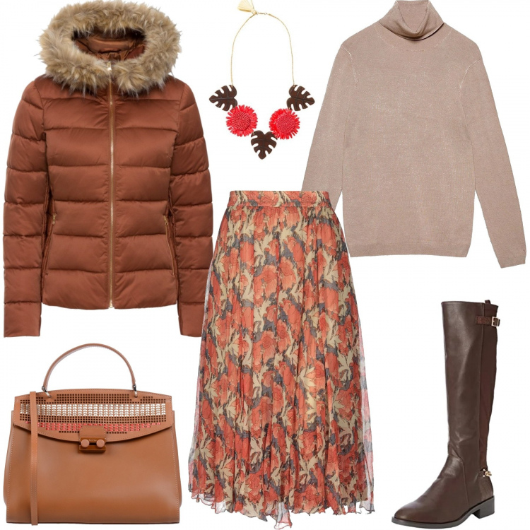 Outfit donna - Caldo e coccoloso. Stile Urban per Tutti i giorni. Abbinamento con giacche, gonna longuette fantasia floreale interno foderato crêpe, borsa a mano cartella con manico contrasto taglia media a scatto in pelle tinta unita, top a fascia, felpa marrone e grigio, collana in ottone.