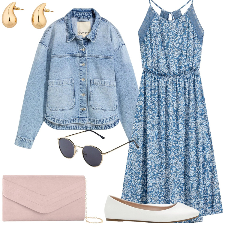 Outfit donna - Aspettando la primavera.... Stile Casual chic per Tutti i giorni. Abbinamento con vestiti, cappotti, ballerine, orecchini, occhiali da sole, pochette.