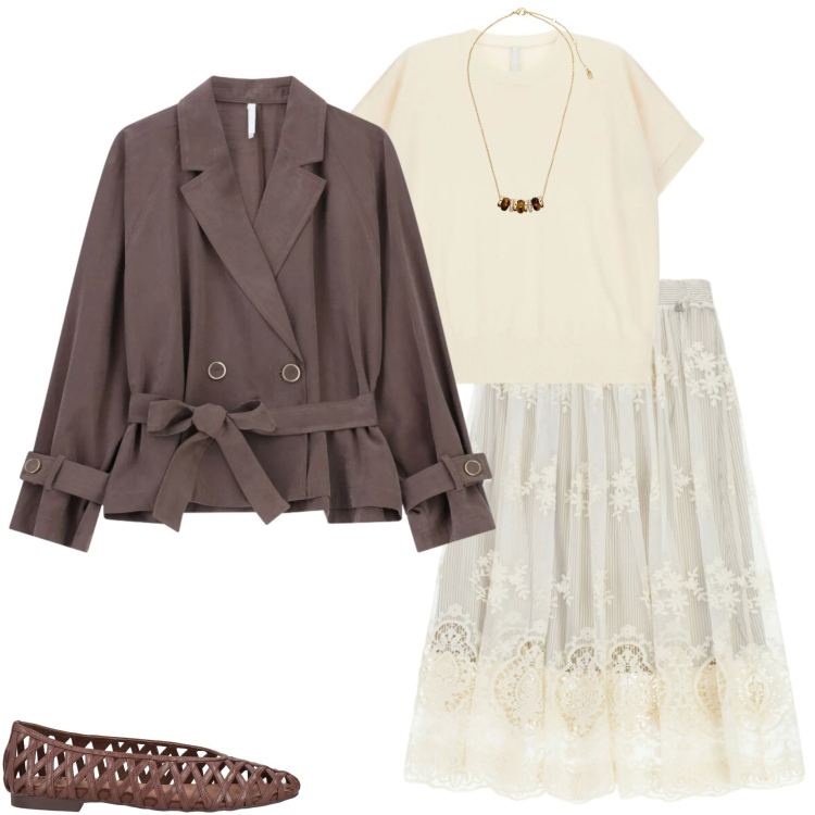 Outfit donna - Eleganza quotidiana. Stile Casual chic per Tutti i giorni. Abbinamento con ballerine, t-shirt, blazer, gonne longuette, collane.