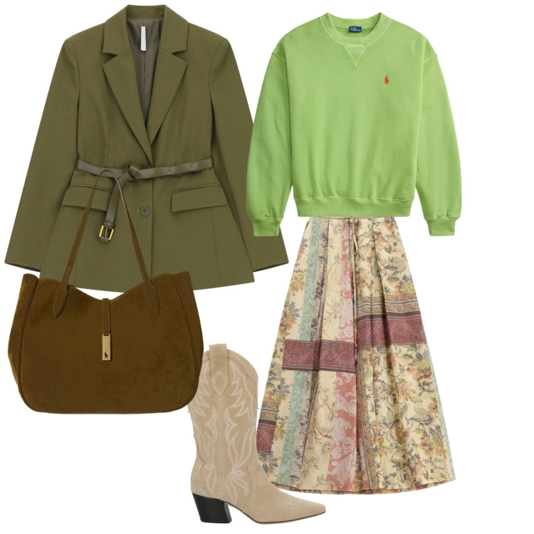 Outfit donna - Romantic folk. Stile Romantica per Tutti i giorni. look ideale per Petite. Abbinamento con stivali, blazer, pantaloni a palazzo, felpe, borse tote.