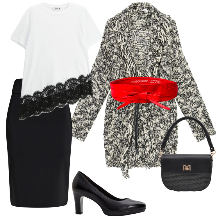 Outfit donna - Cardigan e cintura rossa. per Ufficio. Abbinamento con décolleté, cardigans, t-shirt, cinture, gonne longuette, borse a spalla.