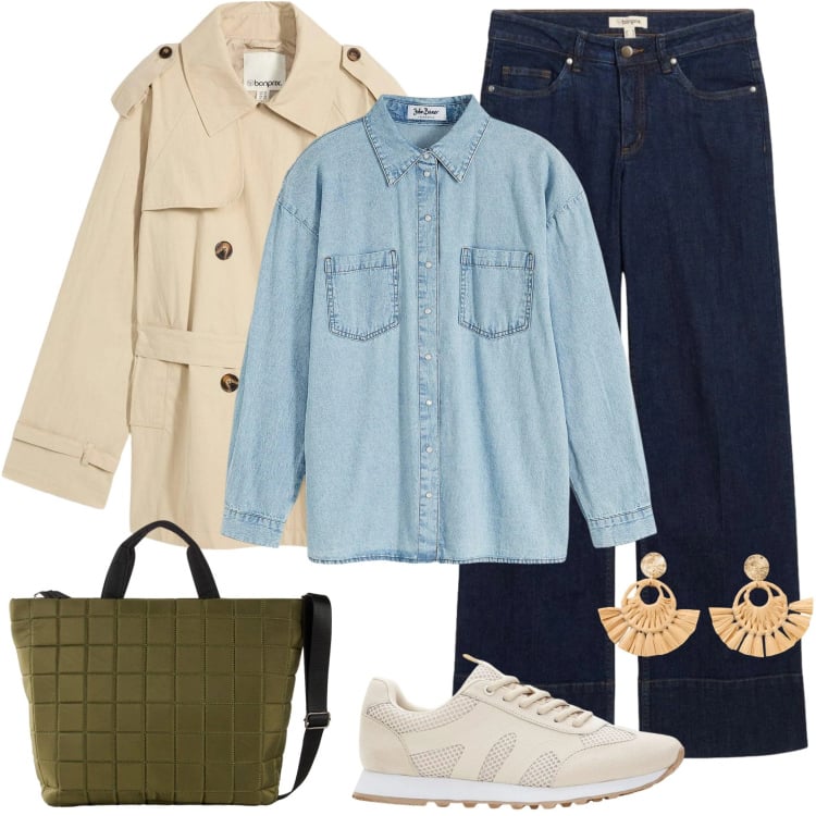 Outfit donna - Casual in primavera!. Stile Casual per Scuola/Università. Abbinamento con camicie, trench, jeans, orecchini, shopping bag, sneakers.