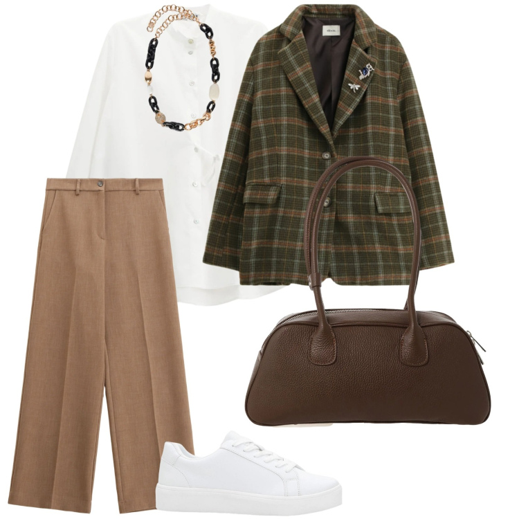 Outfit donna - Nel quotidiano. per Tutti i giorni. Abbinamento con sneakers, collane, pantaloni, camicie, blazer, borse a mano.