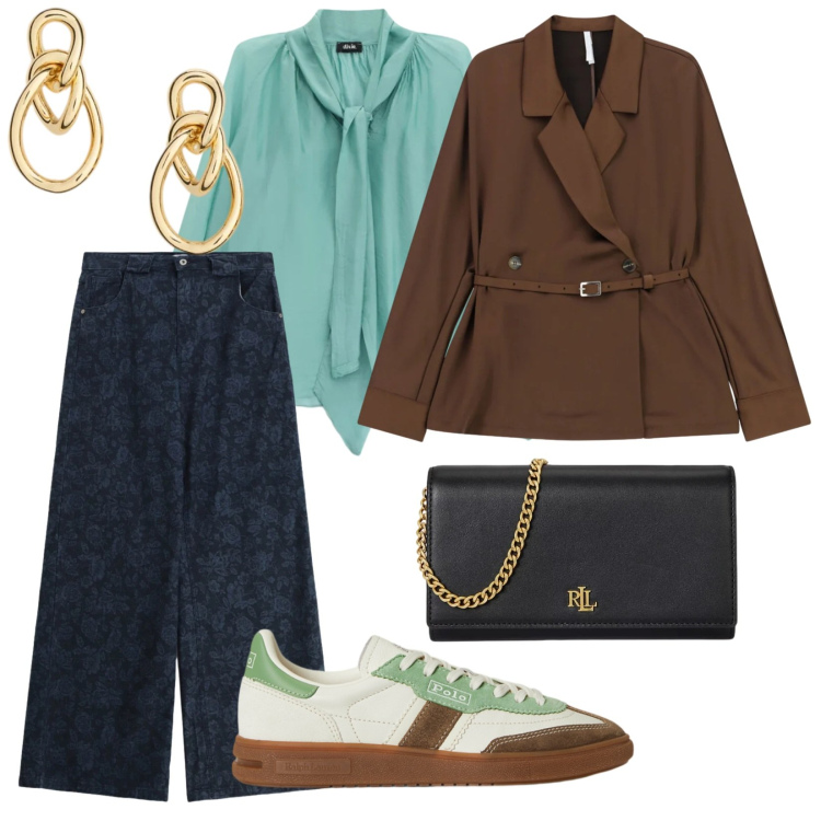 Outfit donna - Nel quotidiano. per Tutti i giorni. Abbinamento con blazer, bluse, jeans, borse a tracolla, orecchini, sneakers.