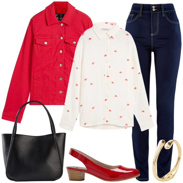Outfit donna - Rosso in primavera!. Stile Casual chic per Scuola/Università. Abbinamento con décolleté, jeans slim fit, blazer, camicie, braccialetti, shopping bag.