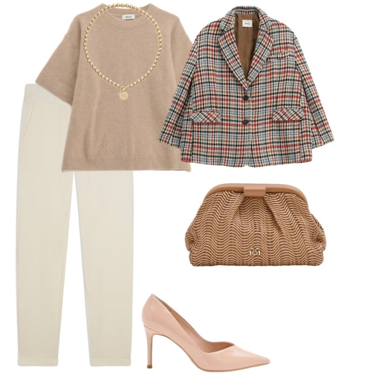 Outfit donna - Tonalità chiare. per Tutti i giorni. Abbinamento con pochette, décolleté, collane, blazer, maglieria, pantaloni.