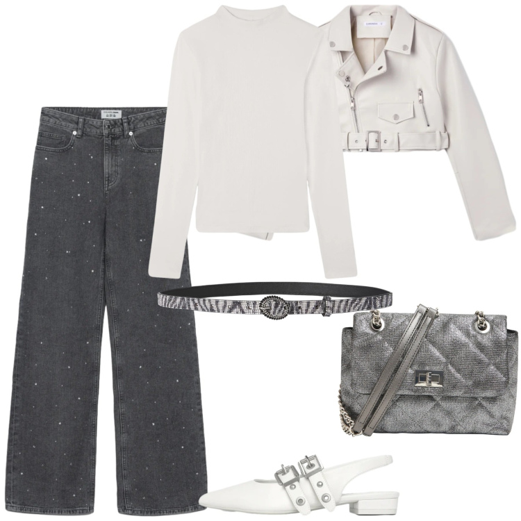 Outfit donna - Terranova. Stile Trendy per Serata fuori. Abbinamento con cinture, jeans dritti, ballerine, t-shirt, borse a tracolla, giacche.