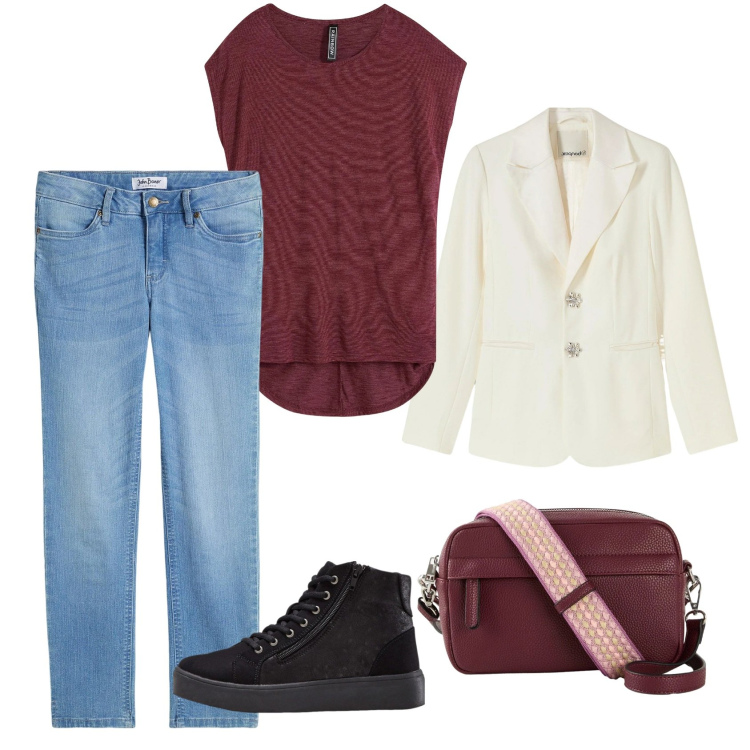 Outfit donna - Cambio stagione. Stile Casual per Tutti i giorni. Abbinamento con borse a tracolla, maglieria, blazer, jeans, sneakers alte.