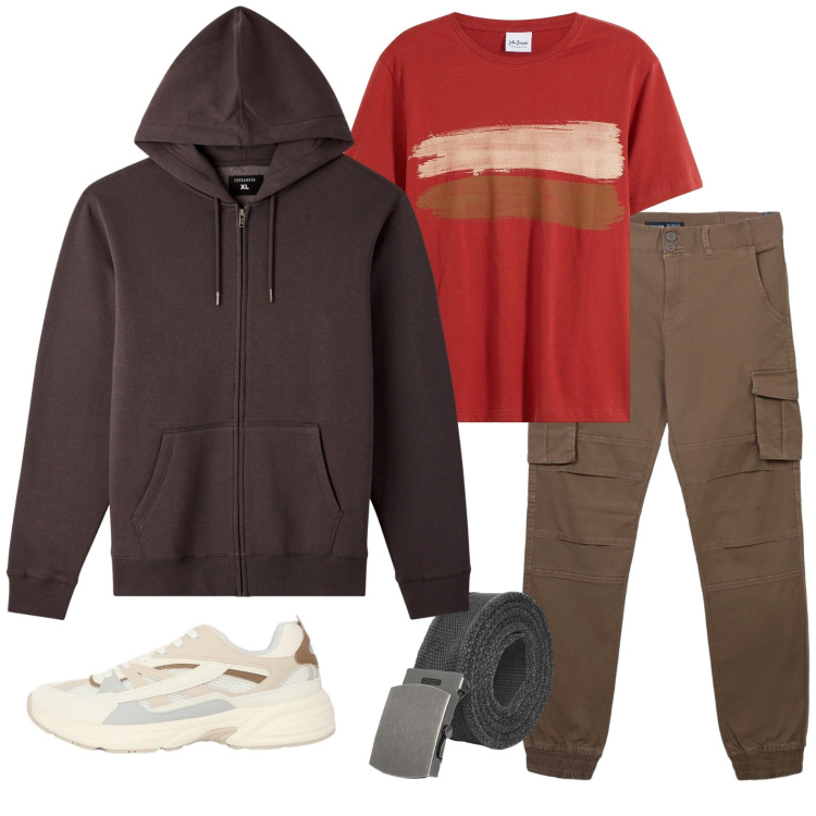 Outfit uomo - Felpa color cioccolato. Stile Casual per Tutti i giorni. Abbinamento con t-shirt, pantaloni cargo, cinture, felpe con cappuccio, sneakers.