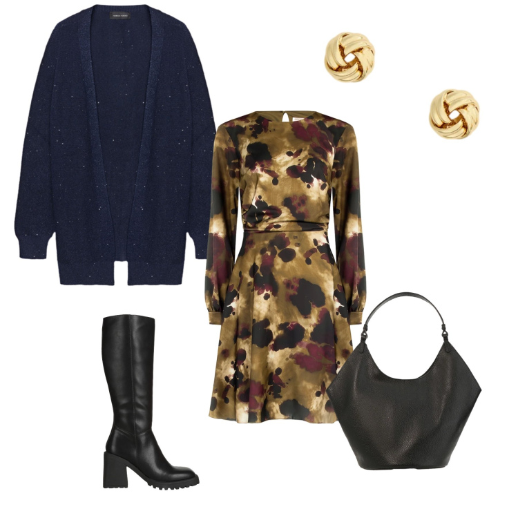 Outfit donna - Un aperitivo con le amiche. Stile Casual chic per Serata fuori. Abbinamento con stivali, cardigans, borse a spalla, vestiti midi/longuette, orecchini.