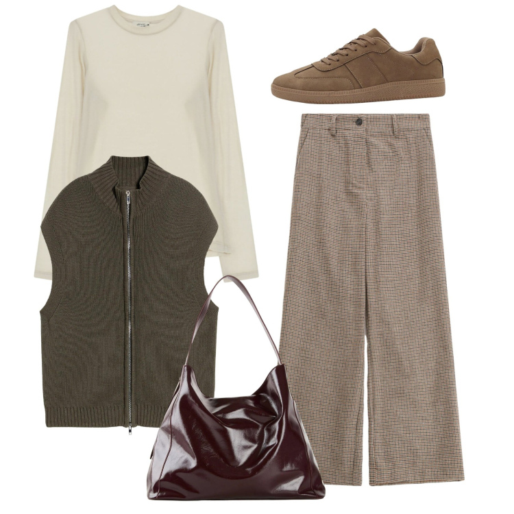 Outfit donna - Con leggerezza. Stile Bon Ton per Tutti i giorni. Abbinamento con shopping bag, maglieria, sneakers, t-shirt, pantaloni a palazzo.