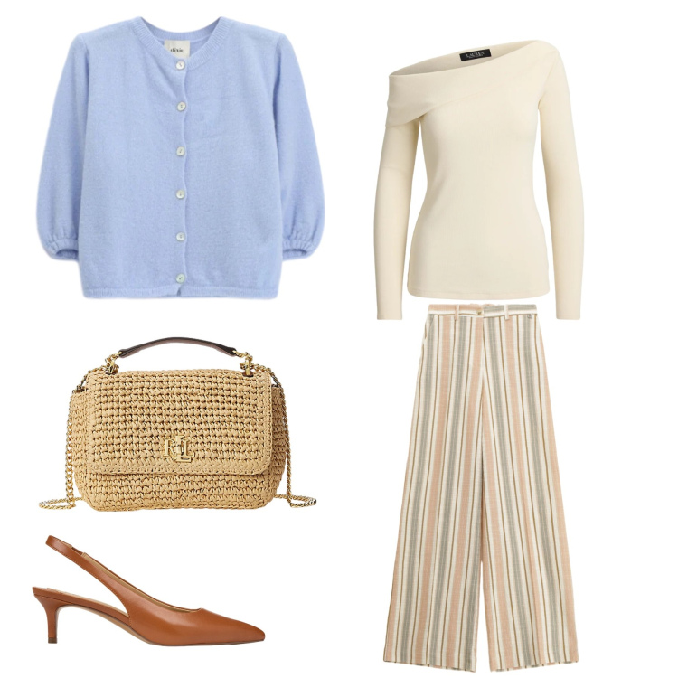 Outfit donna - Azzurro Polvere e Righe Nobili. Stile Glamour per Tutti i giorni. Abbinamento con pantaloni a palazzo, cardigans, borse a spalla, top, décolleté.