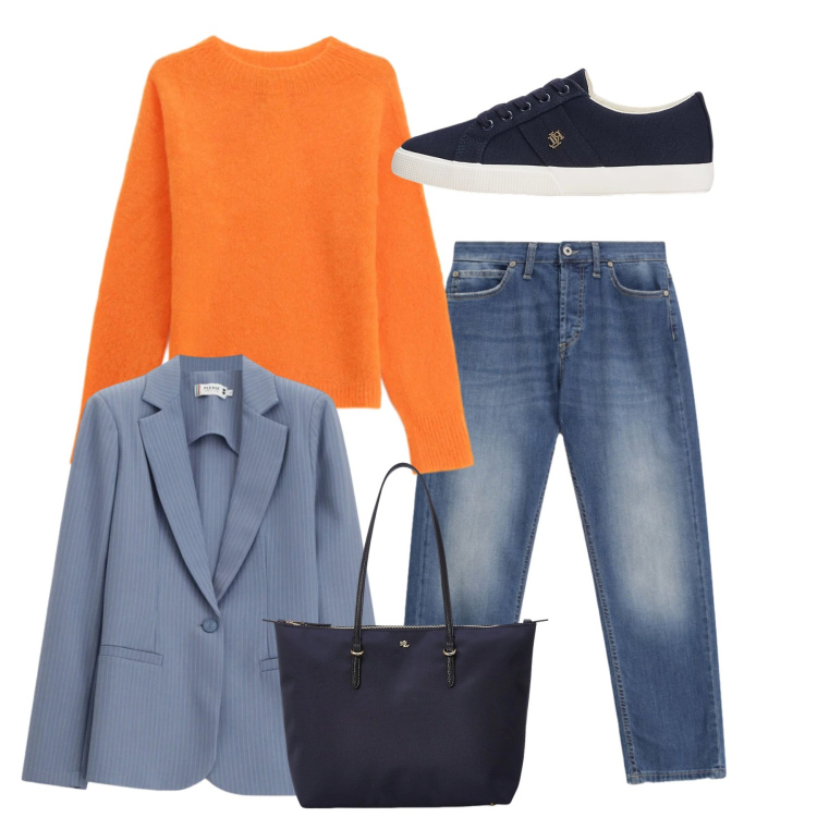 Outfit donna - Dinamic mood. Stile Basic per Tutti i giorni. Abbinamento con maglieria, jeans dritti, blazer, borse tote, sneakers.