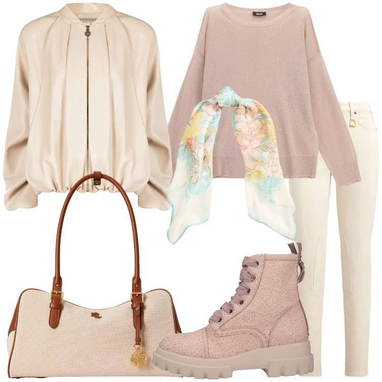 Outfit donna - Febbraio in tonalità soft Curvy Style. Stile Casual chic per Tutti i giorni. Abbinamento con stivaletti, maglieria, bomber, jeans skinny, foulard, borse a mano.