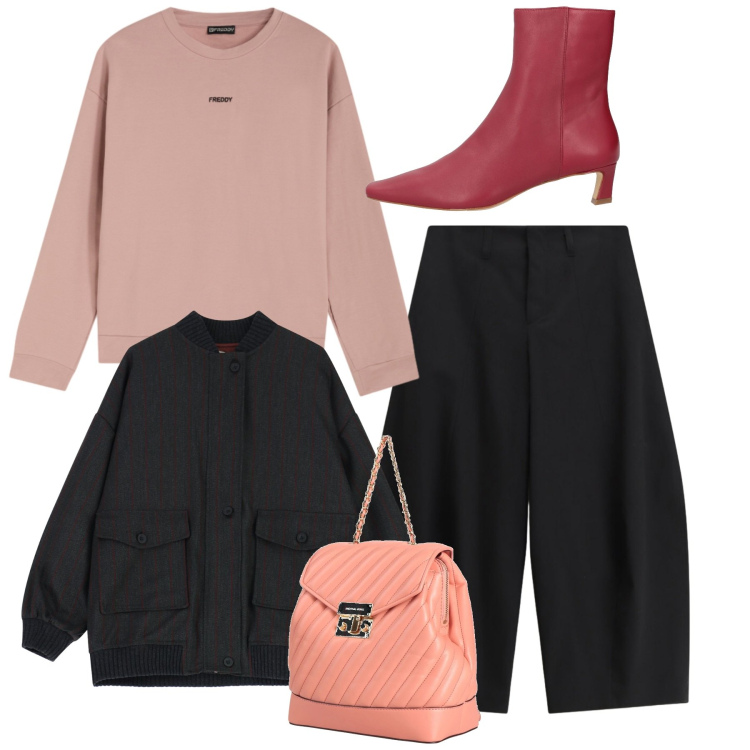 Outfit donna - Total look. Stile Chic per Tutti i giorni. Abbinamento con zaini, stivaletti, bomber, felpe, pantaloni a palazzo.