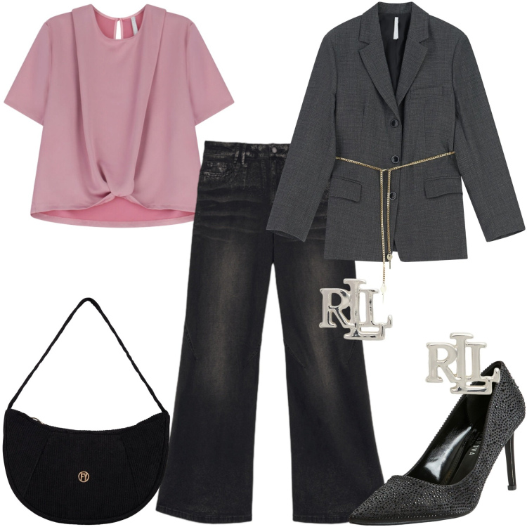 Outfit donna - Ufficio - Serata. Stile Casual chic per Serata fuori. Abbinamento con décolleté, blazer, t-shirt, jeans, borse a mano, orecchini.
