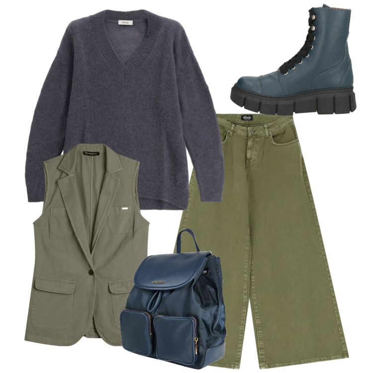 Outfit donna - Total look. Stile Casual per Tutti i giorni. Abbinamento con stivaletti, zaini, pantaloni a palazzo, maglieria, gilet.