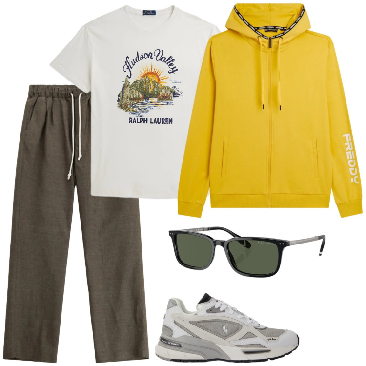 Outfit uomo - Running. Stile Casual per Sport. Abbinamento con felpe con cappuccio, pantaloni, occhiali da sole, t-shirt, sneakers.