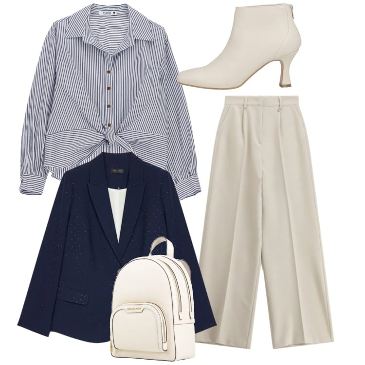 Outfit donna - Total look. Stile Bon Ton per Tutti i giorni. Abbinamento con stivaletti, zaini, blazer, camicie, pantaloni.