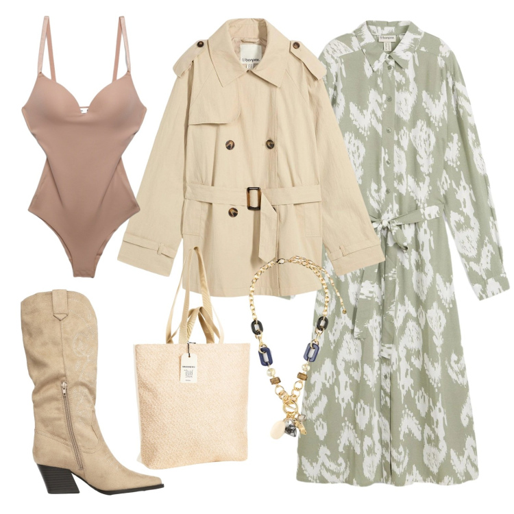 Outfit donna - Abito curvy e stivali. Stile Casual per Tutti i giorni. Abbinamento con vestiti, trench, stivali, body, collane, borse tote.