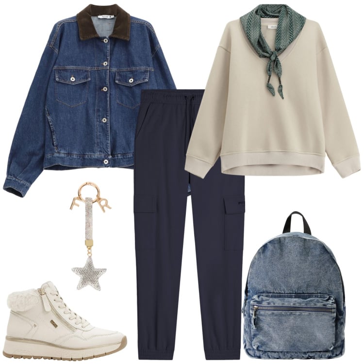 Outfit donna - Sporty-chic. Stile Sporty chic per Tutti i giorni. Abbinamento con sneakers, portachiavi, zaini, blazer, felpe, pantaloni cargo.