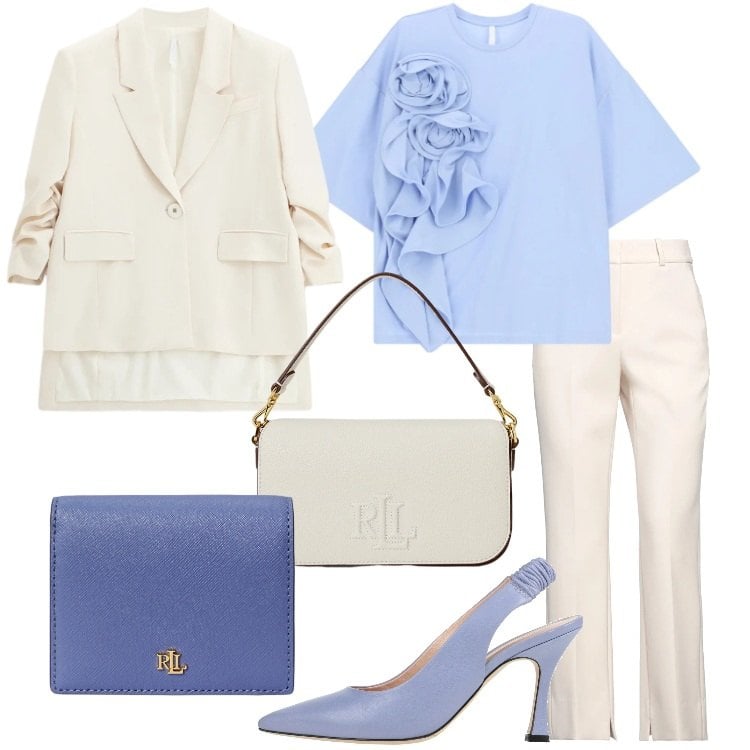 Outfit donna - Una cerimonia a marzo. Stile Romantica per Cerimonia. Abbinamento con pantaloni, décolleté, t-shirt, blazer, borse a spalla, portafogli.