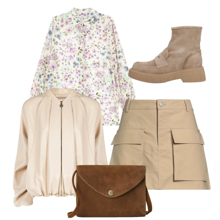 Outfit donna - Total spring. Stile Bon Ton per Tutti i giorni. Abbinamento con minigonne, stivaletti, camicie, bomber, borse a tracolla.