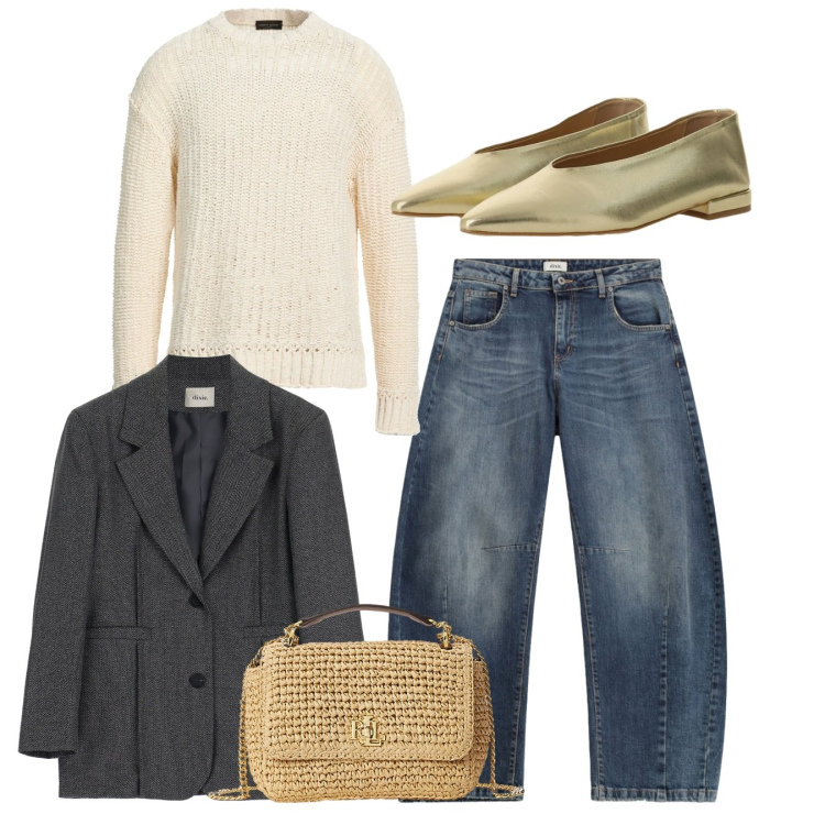 Outfit donna - Total look con tocco oro. Stile Mannish per Tutti i giorni. Abbinamento con pullovers, blazer, jeans, ballerine, borse a spalla.