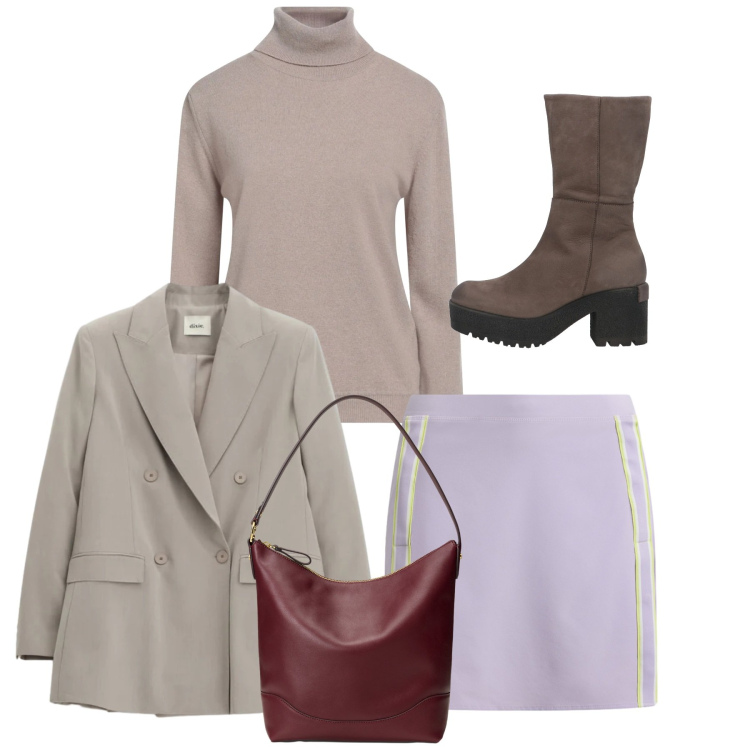 Outfit donna - Total look. Stile Chic per Ufficio. Abbinamento con maglieria, stivaletti, blazer, borse a secchiello, minigonne.