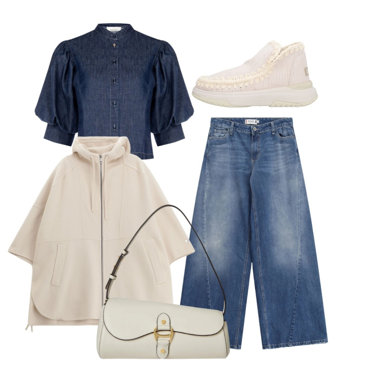 Outfit donna - Total denim. Stile Basic per Tutti i giorni. Abbinamento con stivaletti, cappotti, jeans, camicie a manica corta, borse a spalla.