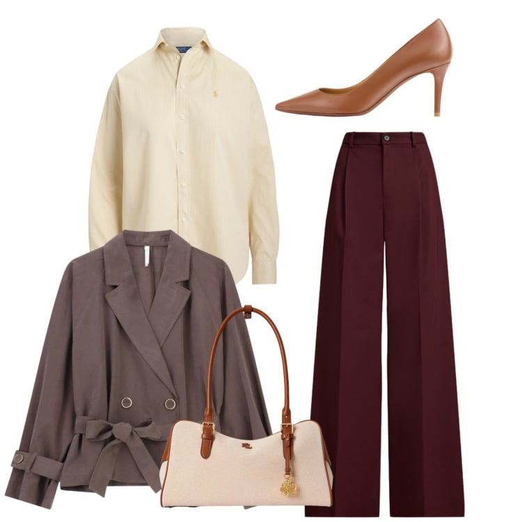 Outfit donna - Total look mannish mood. Stile Bon Ton per Ufficio. Abbinamento con blazer, pantaloni, camicie, borse a mano, décolleté.