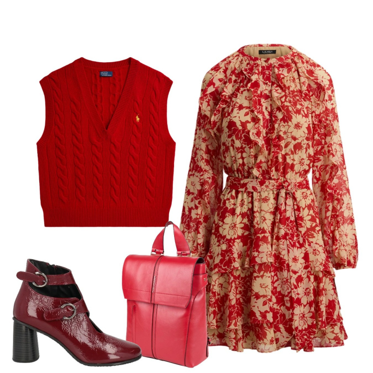 Outfit donna - Total red. Stile Bon Ton per Tutti i giorni. Abbinamento con stivaletti, zaini, vestiti chemisier, maglieria.