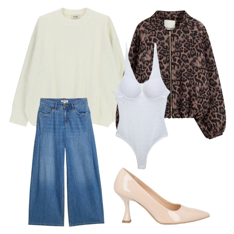 Outfit donna - Febbraio. Stile Trendy per Tutti i giorni. Abbinamento con décolleté, bomber, jeans, body, maglieria.