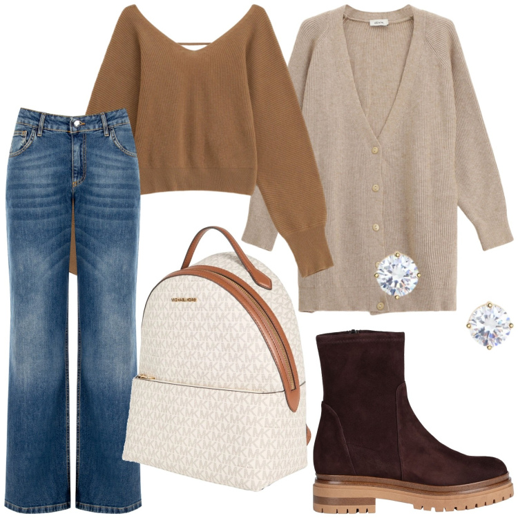 Outfit donna - Total look #2343439. Stile Casual per Tutti i giorni. Abbinamento con stivaletti, zaini, cardigans, maglieria, jeans, orecchini.