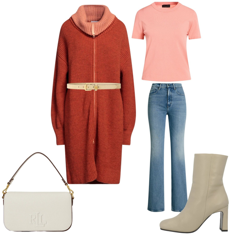 Outfit donna - Sfumature di Ruggine e Crema. Stile Glamour per Tutti i giorni. Abbinamento con cardigans, stivaletti, pullovers, cinture, jeans bootcut, borse a spalla.