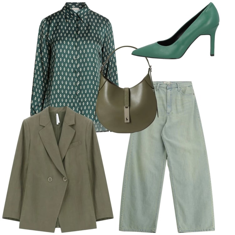 Outfit donna - Green total look. Stile Casual chic per Ufficio. Abbinamento con décolleté, camicie, blazer, jeans, borse a spalla.